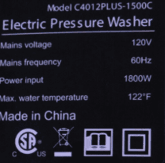 "Model: C4012PLUS-1500C" is printed on a label located on the back of the recalled BAYOTAK pressure washer