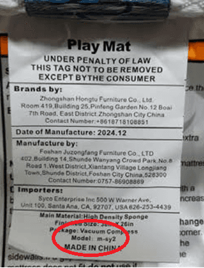Recalled Creekliybear "Pack and Play" Aftermarket Play Yard Mattress Label