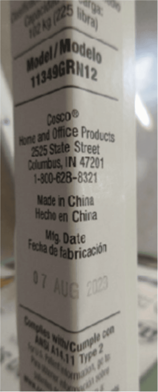 Model information located on label on arm of recalled Cosco 2-step kitchen stepper