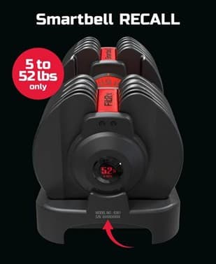 Recalled FitRx SmartBell Quick-Select 5-52.5lbs Adjustable Dumbbell with location of model number and serial number