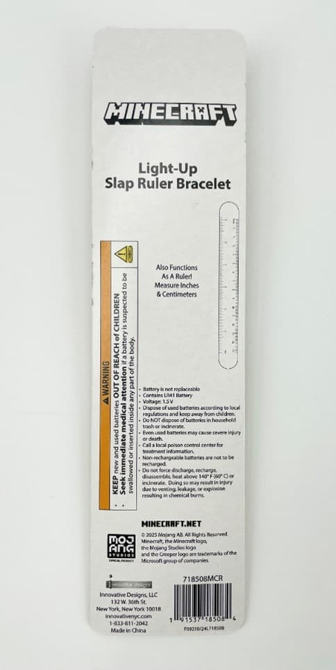 Recalled Minecraft Light-Up Slap Ruler Bracelet, Model 718508MCR – Back