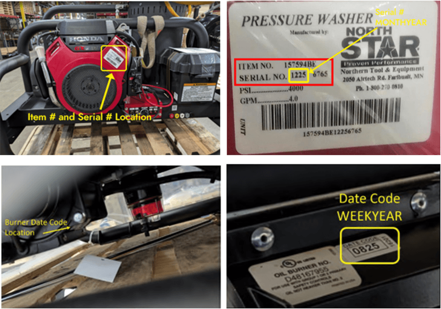 NorthStar Gas Hot Water Commercial Pressure Washer Skid (Item # 157594) - Serial number location on engine and burner date code location under ball valve assembly