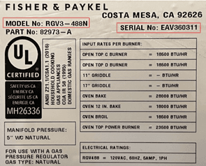 Recalled Model number and Serial Number on Rating Plate