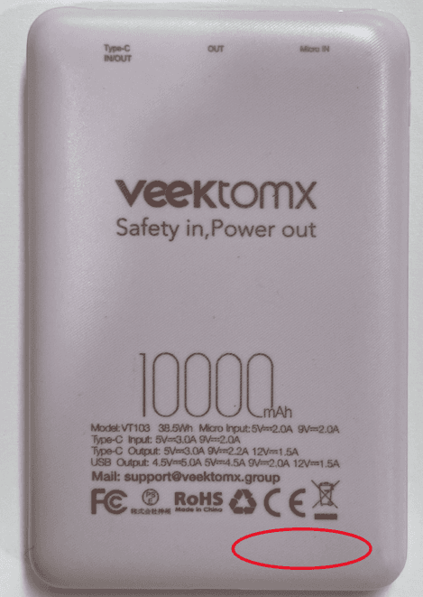 Recalled VEEKTOMX Mini Power Banks are labeled VT03 and do not have a serial number on the bottom right corner of the power bank