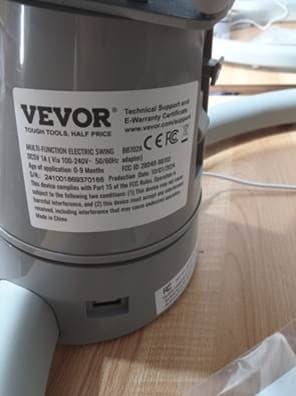 Recalled Vevor Baby Swing Label on Gray Base, Model Number BB702A
