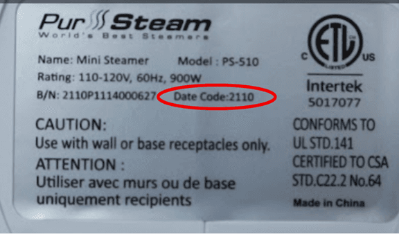 Label on bottom of recalled PurSteam Elite Travel Steamer – Model PS-510