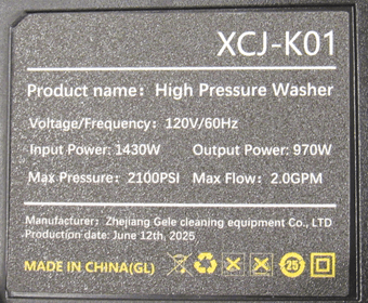 Model number XCJ-K01 is printed on a label on the back of the recalled Sweetcrispy pressure washers