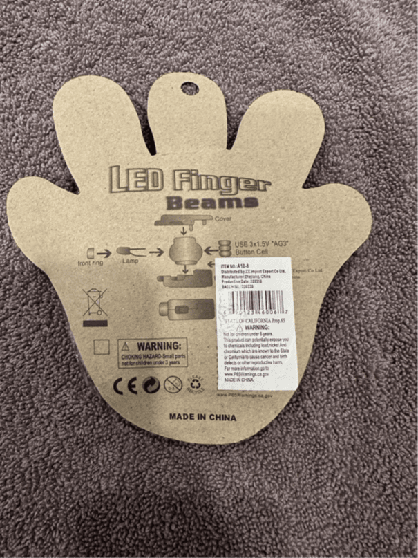 Recalled LED Finger Beam Lights (back of the package)