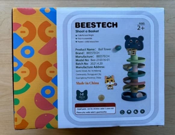 "Beestech" and model number "Bee-210316-01" are printed on the packaging of the recalled spiral tower toy