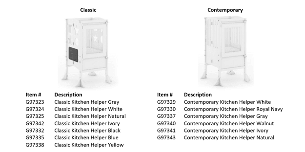 Recalled Guidecraft Kitchen Helper Towers Item Numbers -printed on the foil sticker on the bottom of the platform