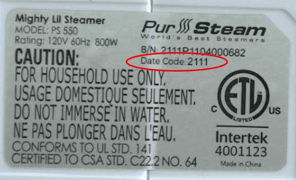 Label on bottom of recalled PurSteam Mighty Lil Steamer – Model PS-550