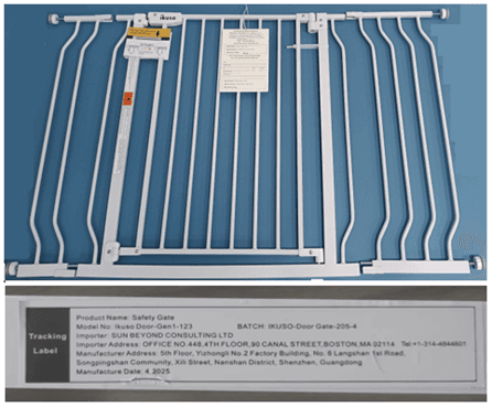Recalled Ikuso Safety Gate and Tracking Label - model Door-Gen1-123