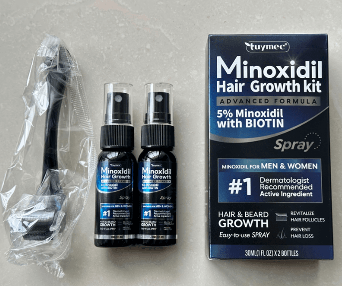 Recalled Tuymec Minoxidil Hair Growth Serum Spray Bottles and Packaging