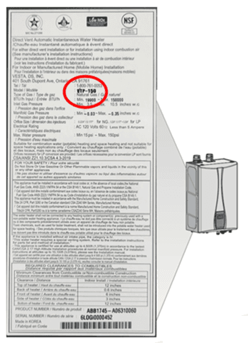 Model Number on the Label of the Recalled Water Heaters