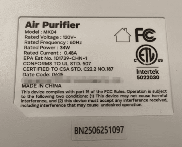 Product label with model, date code, and serial number
