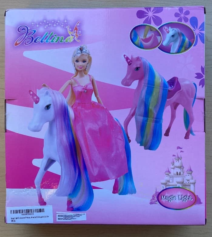 Recalled Bettina Doll Set with Magic Light Unicorn (back of the packaging)