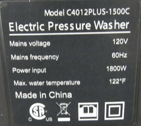 "Model: C4012PLUS-1500C" is printed on a label located on the back of the recalled DGIVOVO US pressure washer