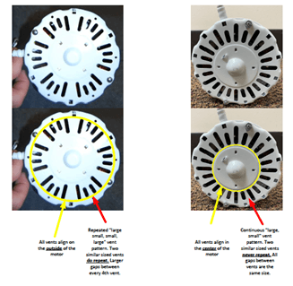 Recalled Electric Motor Vent Patterns and Unaffected Motor Vent Patterns (Recalled electric motor vents (depicted on the left) align on the outer ring of the motor end bell, as highlighted in yellow. Recalled electric motor vents use an alternating pattern of two long vents then two short vents. Unaffected motor vents (depicted on the right) align on the inner ring of the motor end bell, as highlighted in yellow. Unaffected motor vents use an alternating vent pattern of one long, then one short vent)