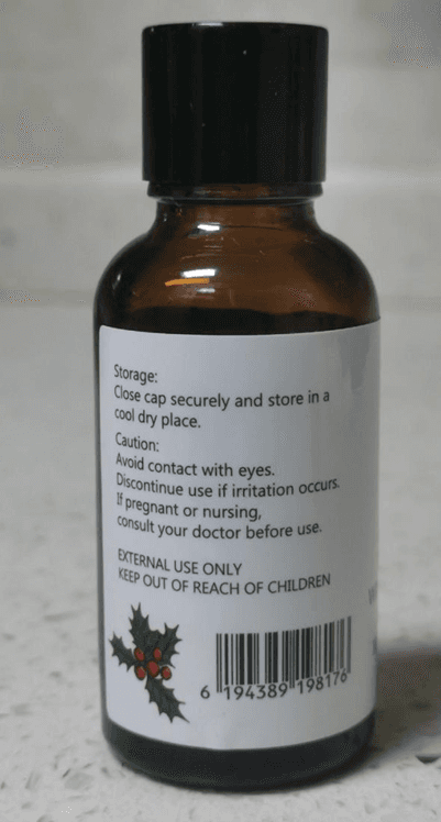 Recalled GM Gumili Wintergreen Essential Oil-Bottle Label with UPC Code