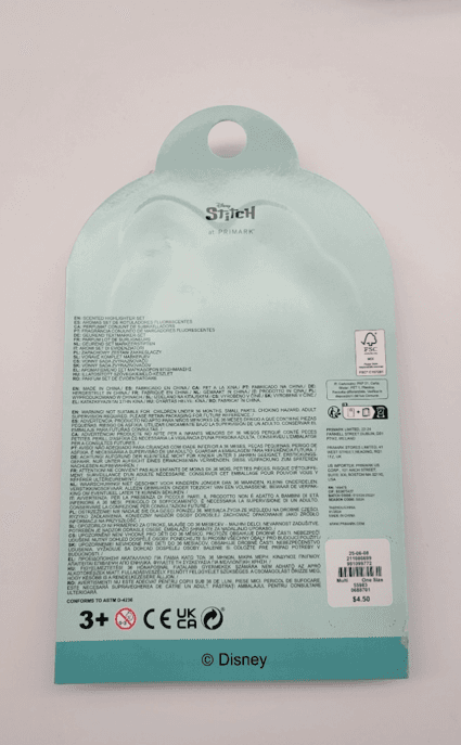 Recalled Primark DTR Stitch 4-pack Scented Highlighters (Back)