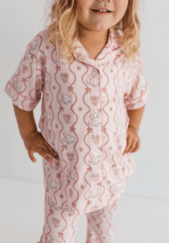 Recalled In My Jammers Button Up Flare Set – Pink Swan print