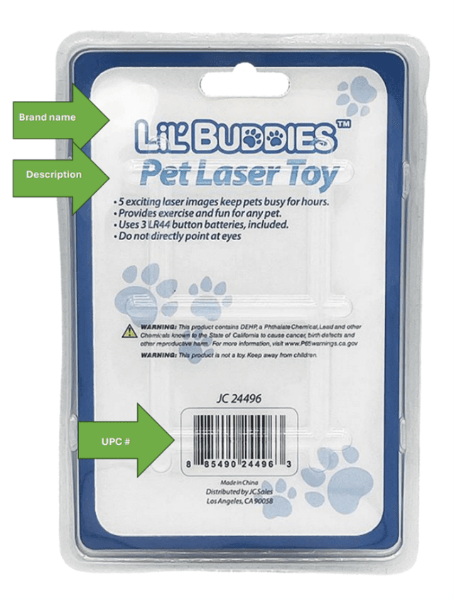 Recalled LiL’BUDDIES Pet Laser Toy (back of the package)