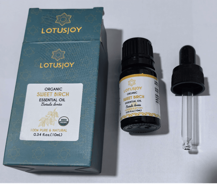 Recalled LOTUSJOY Sweet Birch Essential Oil - Packaging, Bottle and Glass Dropper