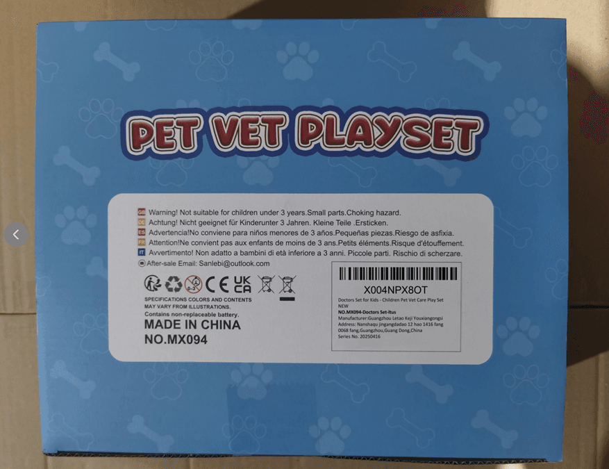 Recalled Sanlebi Pet Vet Playset – Back Packaging Label