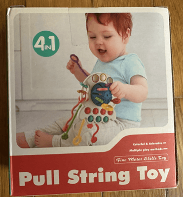 Recalled Tiyol Pull String Teething Toy (front of product packaging)