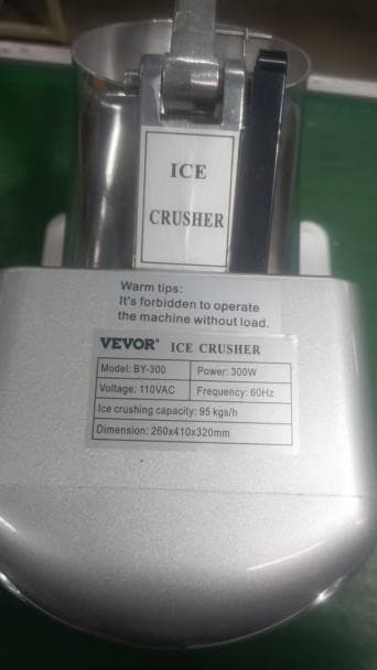 Label on top of Recalled Vevor Ice Crusher