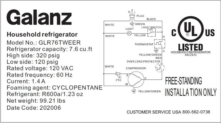 Model numbers BCD-215V-62H, GLR76TRDER, GLR76TBKER, GLR76TBEER or GLR76TWEER followed by the date code, in YYYYMM format, are printed on label on the back of the Galanz refrigerators. Only refrigerators with date codes ranging from December 2018 through December 2020 are included in this recal