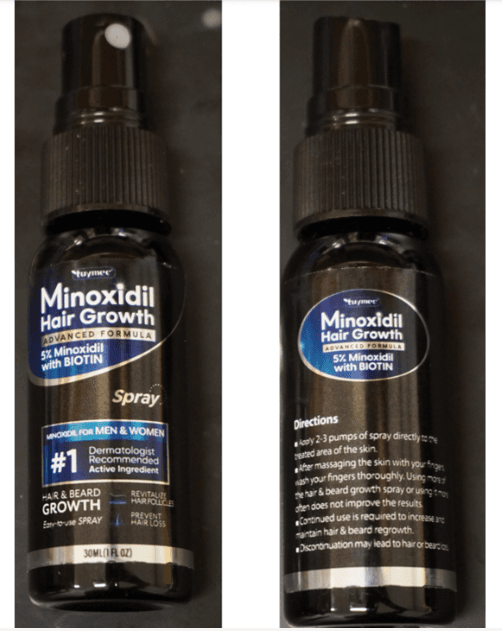 Recalled Tuymec Minoxidil Hair Growth Serum Spray Bottle (front and back)