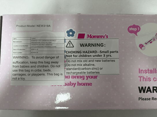 Recalled Baby Doll Playset – front package label with model number