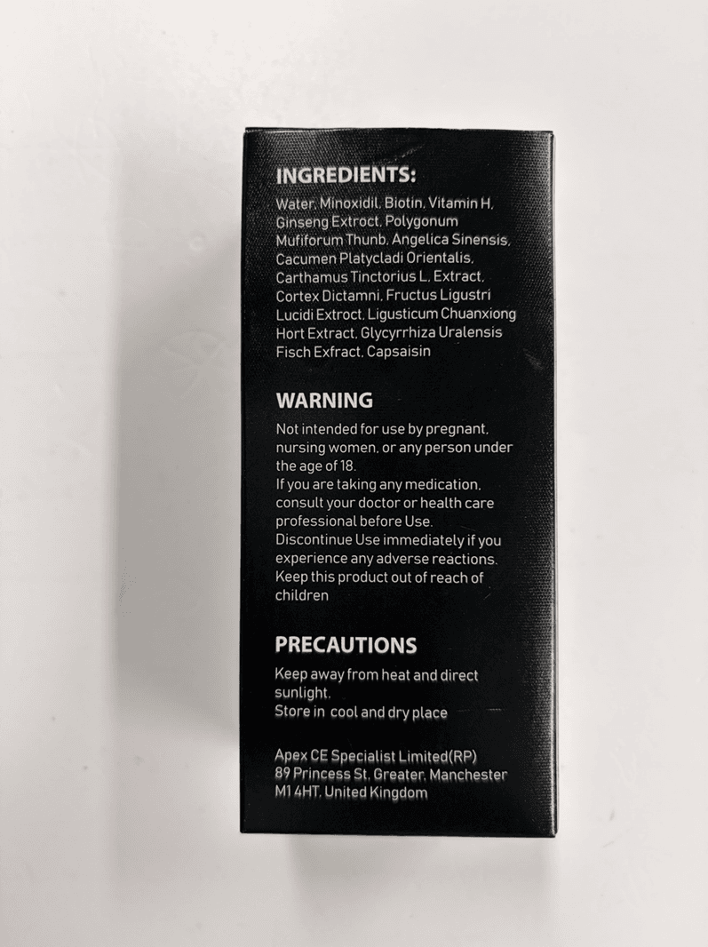 Recalled Sefudun 5% Minoxidil Hair Growth Serum Kit for Men Packaging (Box Back)