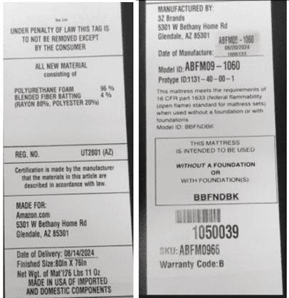 The date of manufacture, SKU and prototype ID are on a white label on the center seam of the foot panel