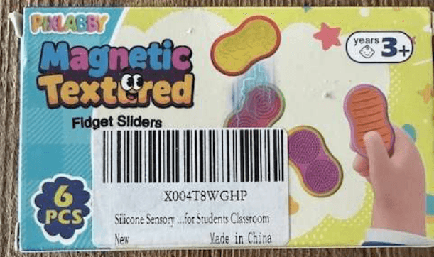 Recalled PIXLABBY Silicone Sensory Magnetic Fidget Sliders, Front of Box