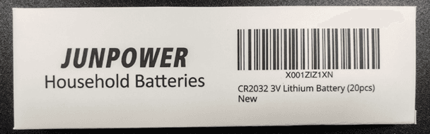 Recalled Junpower CR2032 batteries (Packaging model 2023-V3) does not have any words printed around each individual blister