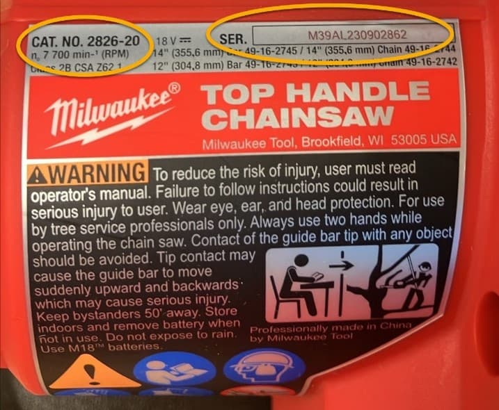 Recalled Milwaukee M18 FUEL Top Handle Chainsaw (catalog/serial number label)