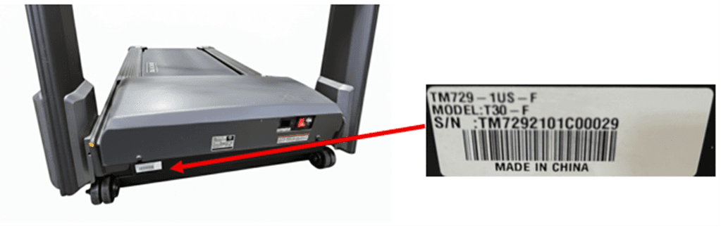 Location of model and serial number on lower front crossbar