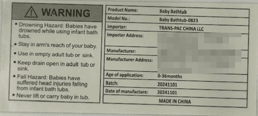 Label of Recalled Napei Collapsible Infant Bath Tub
