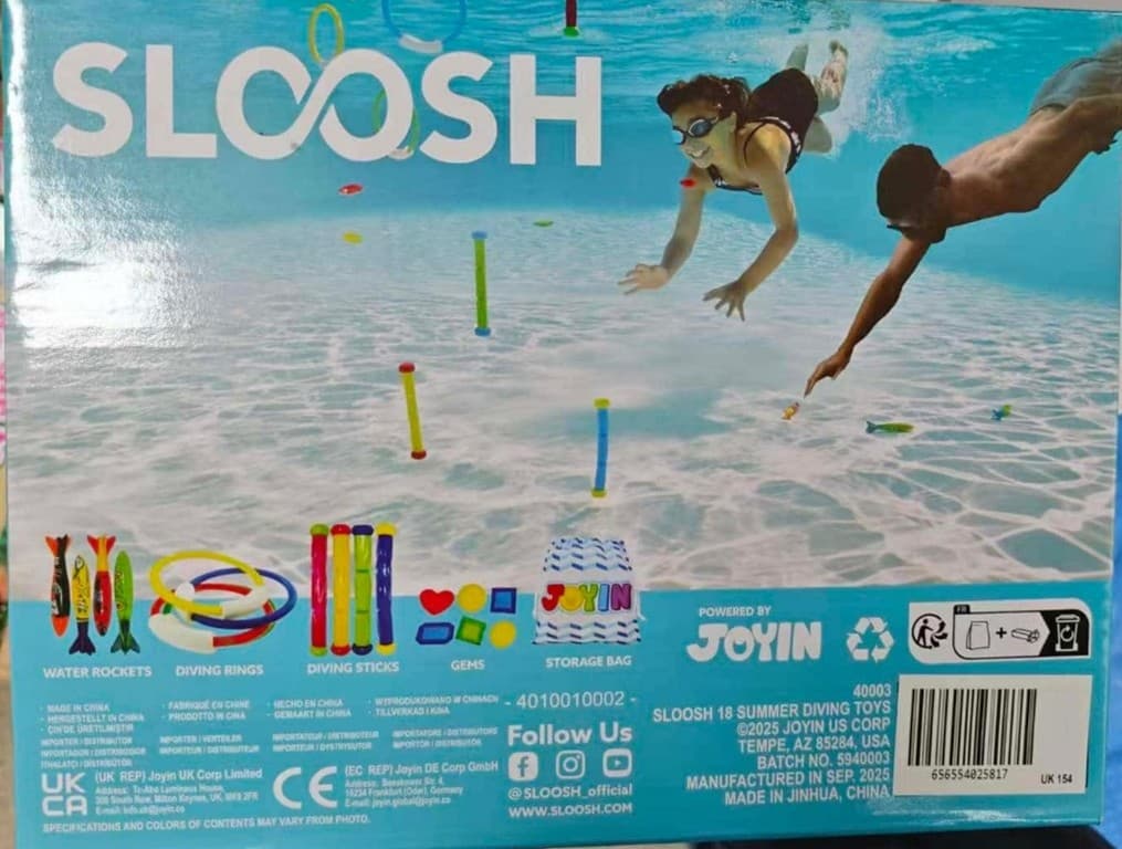 Recalled Sloosh Dive Sticks, Model 40041 (shown outside of box)