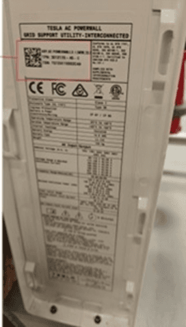 Recalled Powerwall 2 AC Battery System (Product Nameplate Sticker)
