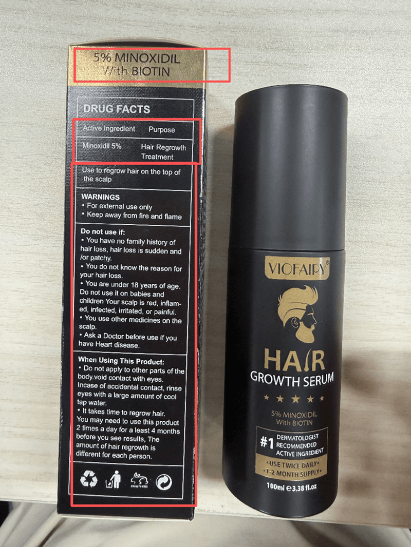 Recalled VIOFAIRY Hair Growth Serum bottle and packaging (Back)