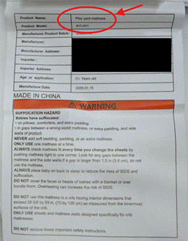 "Product Model: BYL001" is printed on a label inside the cover of the recalled Voomf play yard mattresses